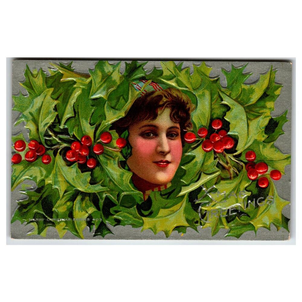 Vintage Christmas Postcard Embossed Holly Wreath Woman Greetings